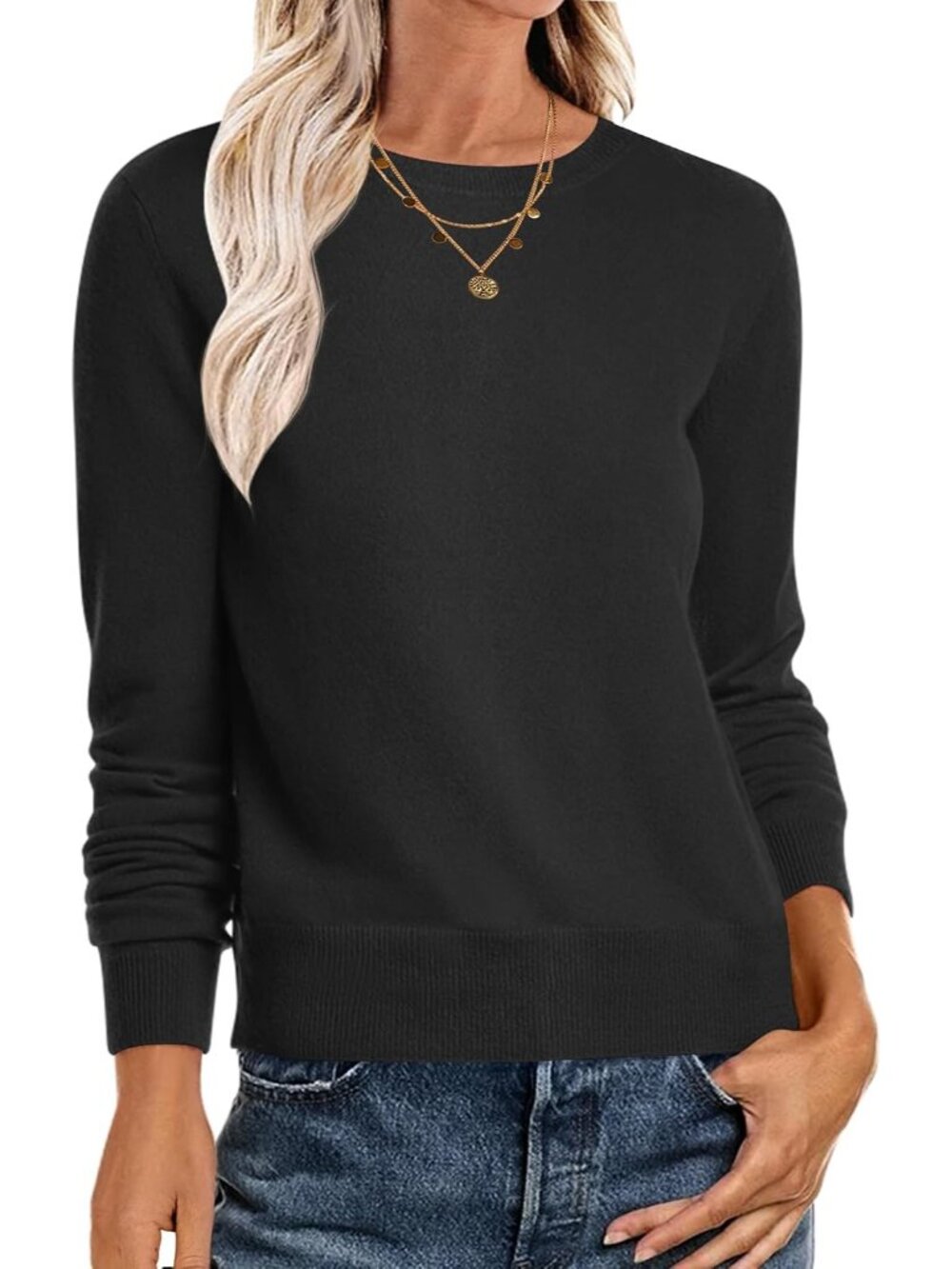 Women's Black Sweater Pullover Soft Basic Crew Neck Long Sleeve Casual